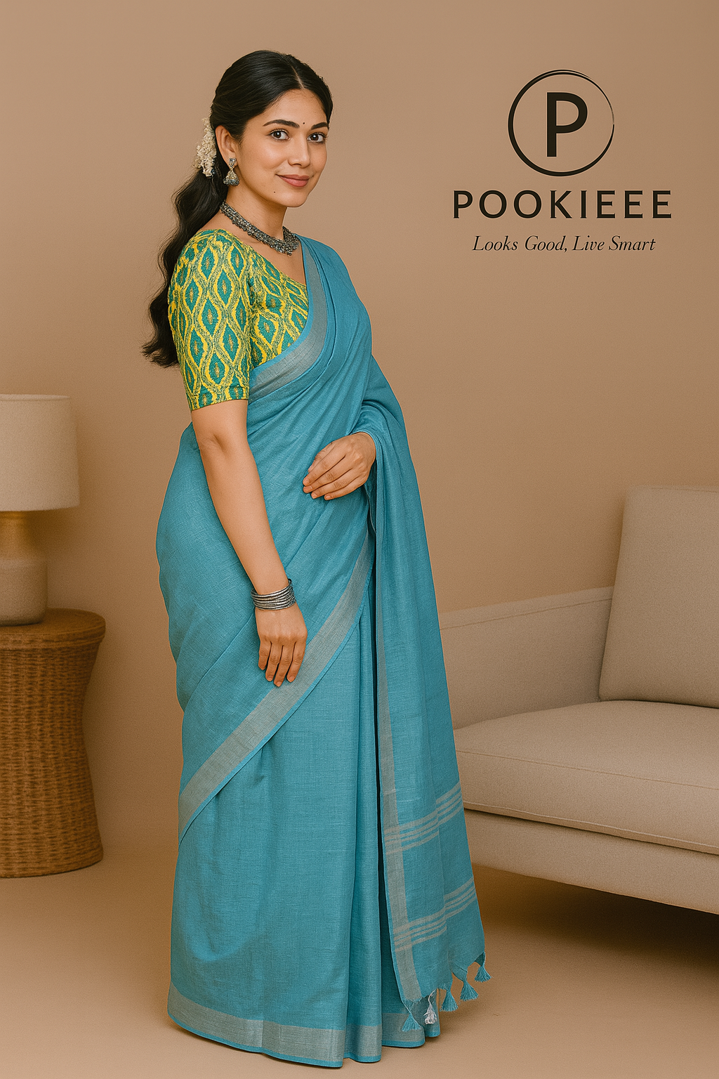 Plain Cotton Linen Saree with Blouse Piece